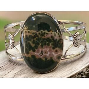 Wide Silver Cuff, Veiled Beauty Lace Agate Cuff Bracelet